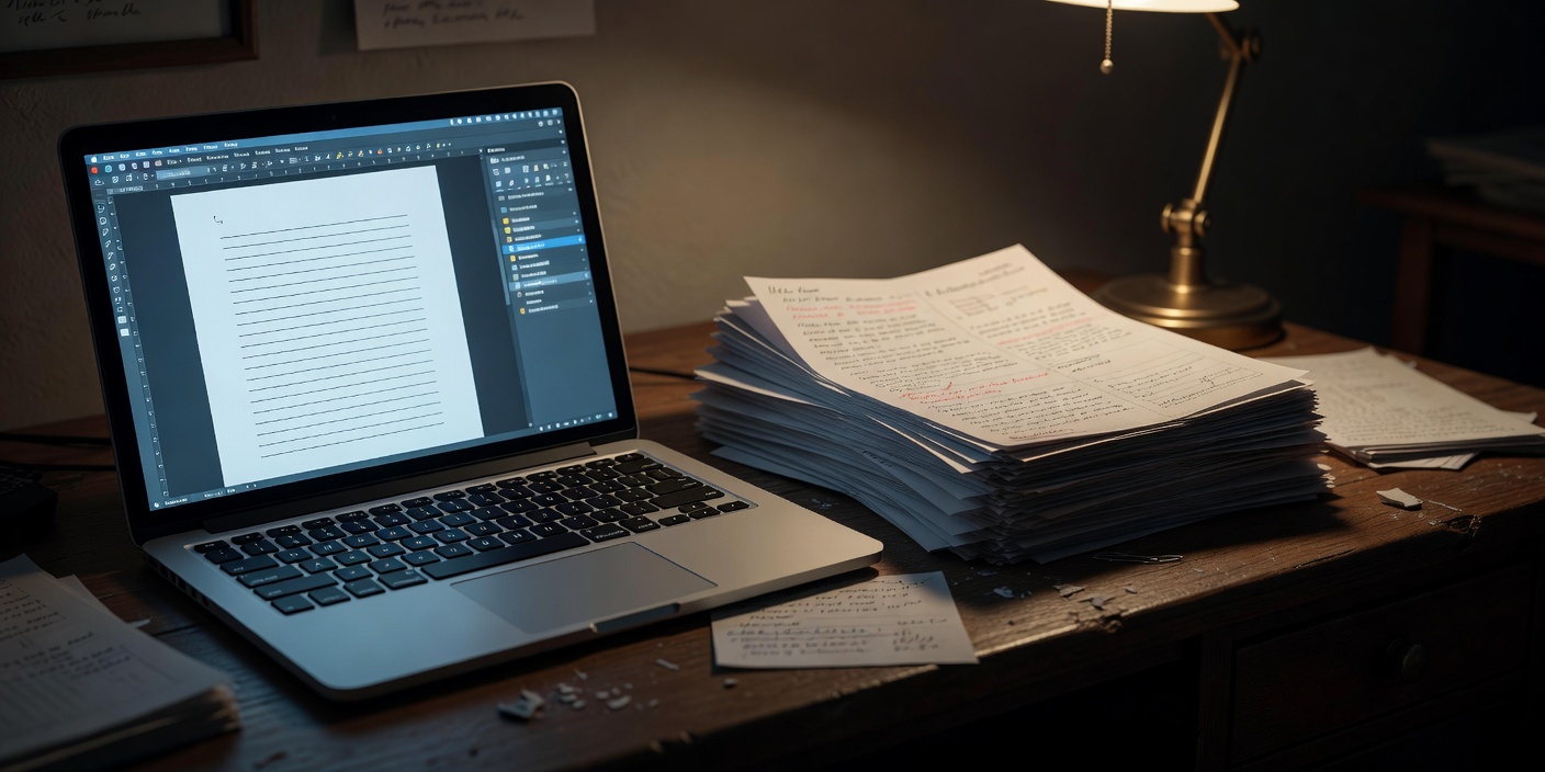 Laptop screen showing a split-pane manuscript draft next to a stack of heavily marked paper pages