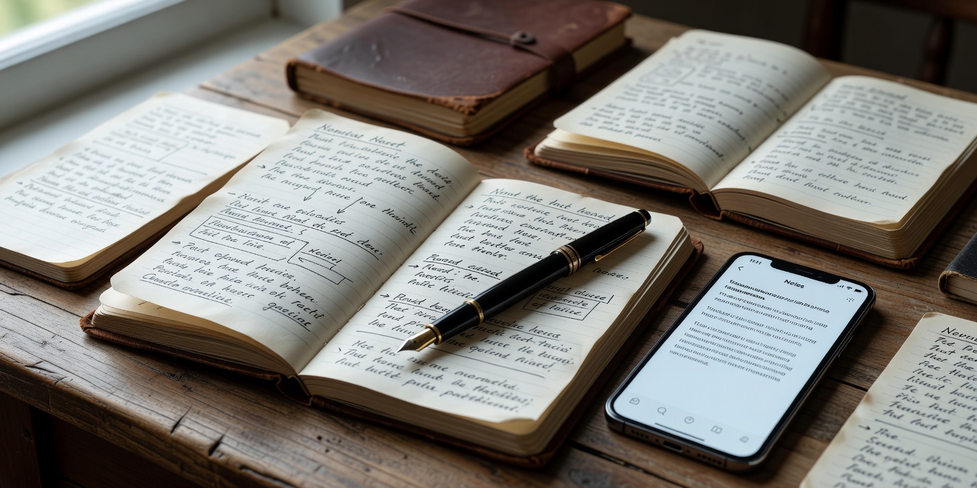 Open pocket notebook with dark ink annotations beside a smartphone displaying plain text notes