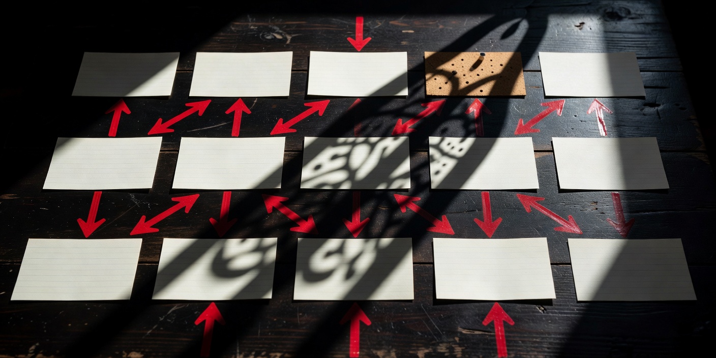 High-contrast photograph of physical index cards arranged in three rows on a dark timber table with red ink arrows
