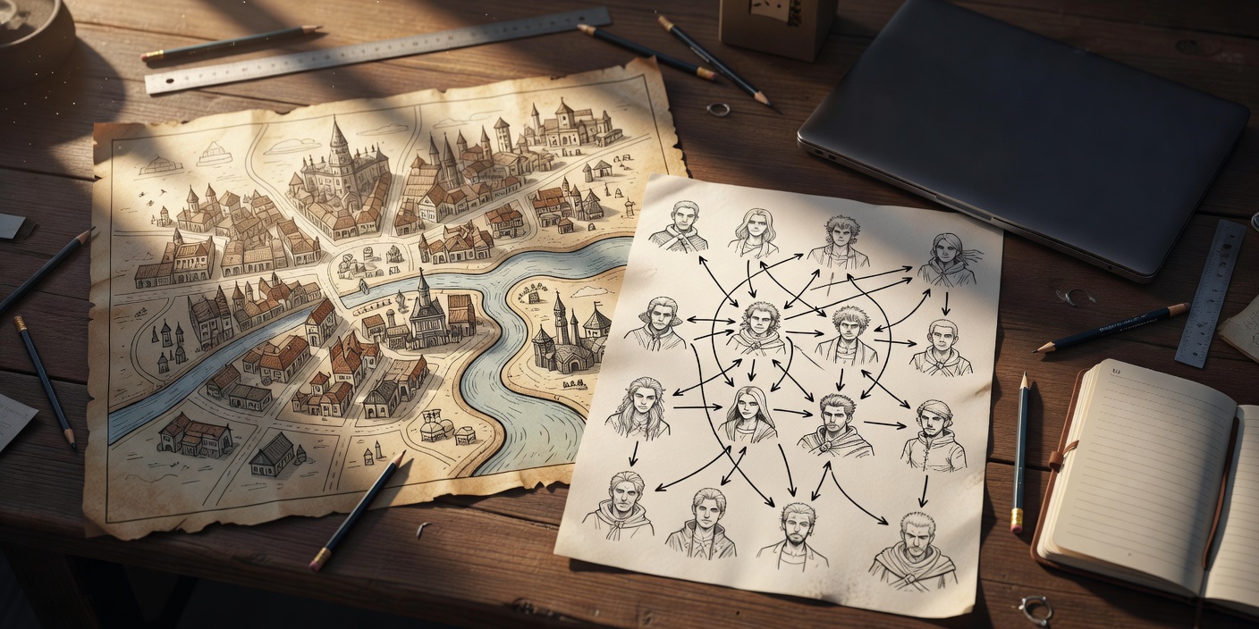 Hand-drawn city map and annotated character relationship chart resting beside a closed laptop in dramatic side-light